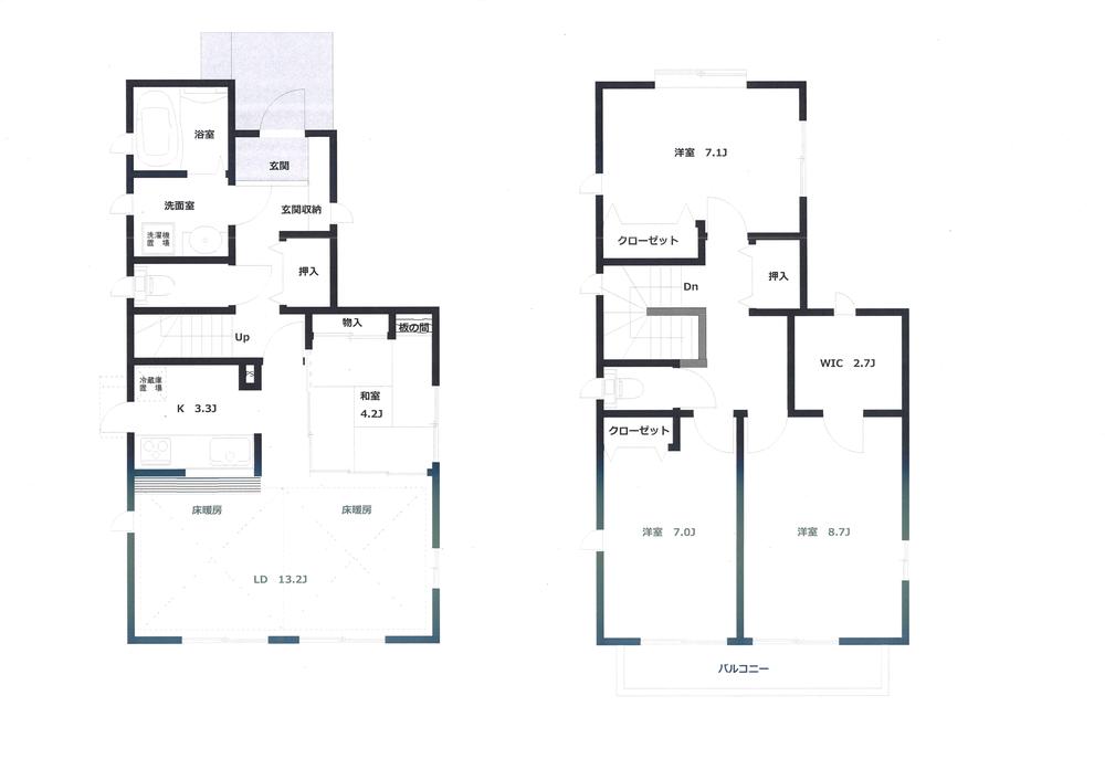 Floor plan. 69,800,000 yen, 4LDK, Land area 117.73 sq m , Building area 114.04 sq m 1 floor LDK16.5 Pledge Japanese-style room 4.2 quires Second floor Western-style 7 Pledge Western-style 7.1 Pledge Western-style 8.7 Pledge + WIC